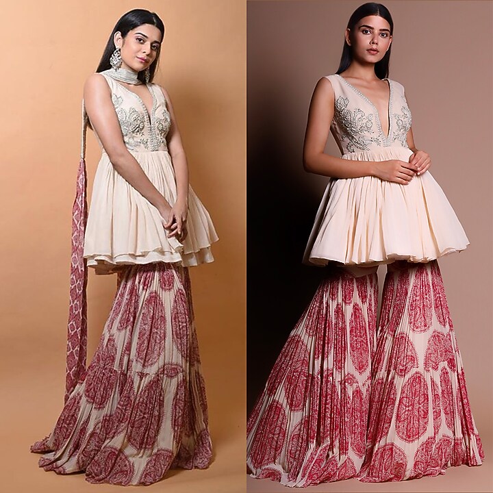 Red & Ivory Printed Wedding Sharara Set by Bhumika Sharma at Pernia's Pop Up Shop