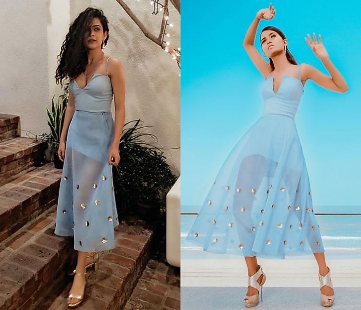 Powder Blue Asymmetric Layered Bodycon Dress With Embellished Skirt by Babita Malkani at Pernia's Pop Up Shop