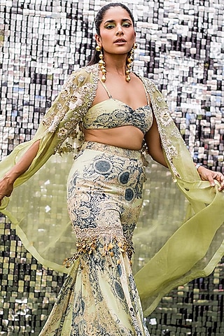 Mint & Blue Georgette Printed Sharara Set by Bhumika Sharma