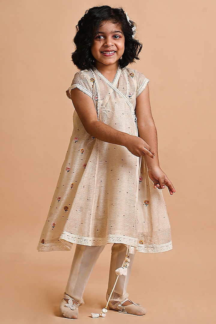 Ivory Jute Silk Embroidered Angrakha Kurta Set For Girls by Mityan