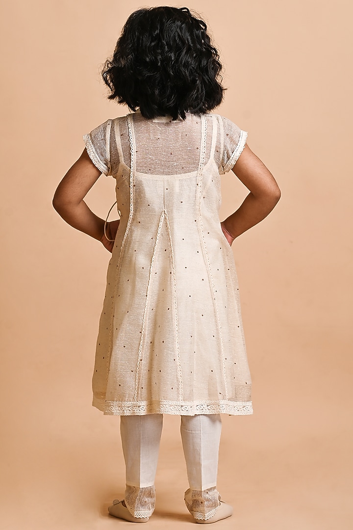 Ivory Jute Silk Embroidered Angrakha Kurta Set For Girls by Mityan at Pernia's Pop Up Shop