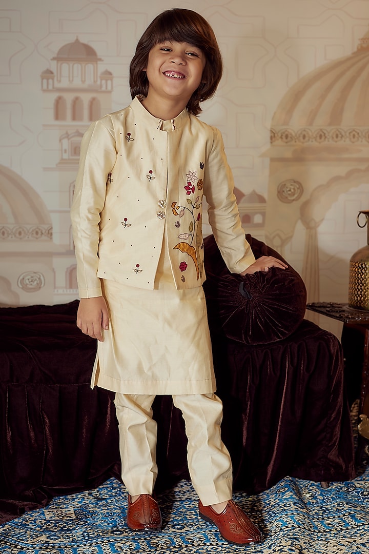 Ivory Silk Chanderi Nehru Jacket With Kurta Set For Boys by Mityan