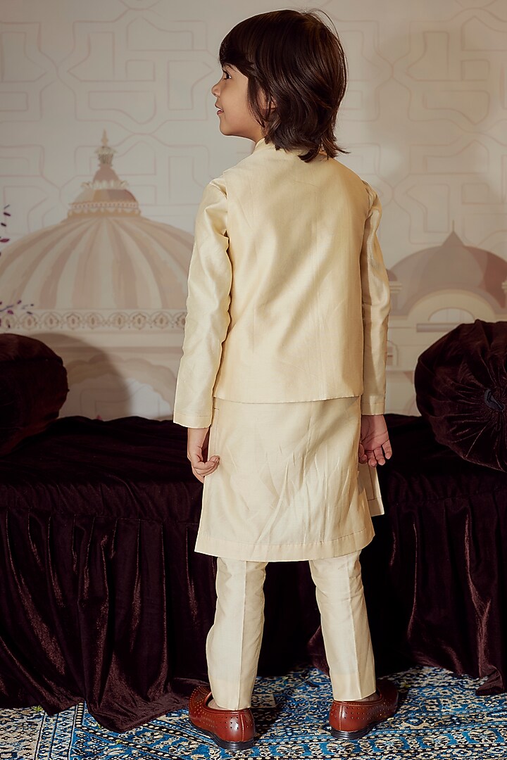 Ivory Silk Chanderi Nehru Jacket With Kurta Set For Boys by Mityan at Pernia's Pop Up Shop