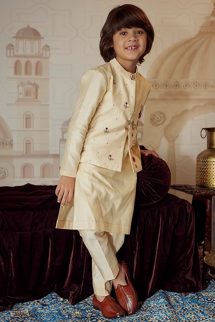 Ivory Silk Chanderi Nehru Jacket With Kurta Set For Boys by Mityan at Pernia's Pop Up Shop