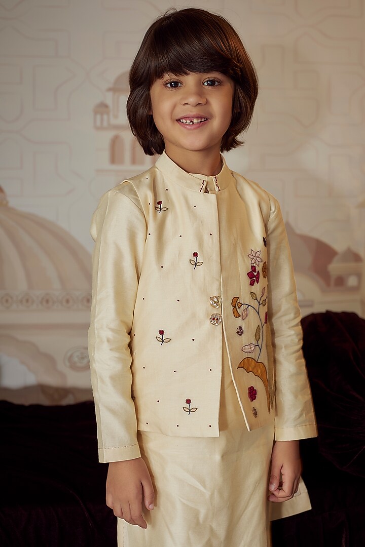 Ivory Silk Chanderi Nehru Jacket With Kurta Set For Boys by Mityan at Pernia's Pop Up Shop