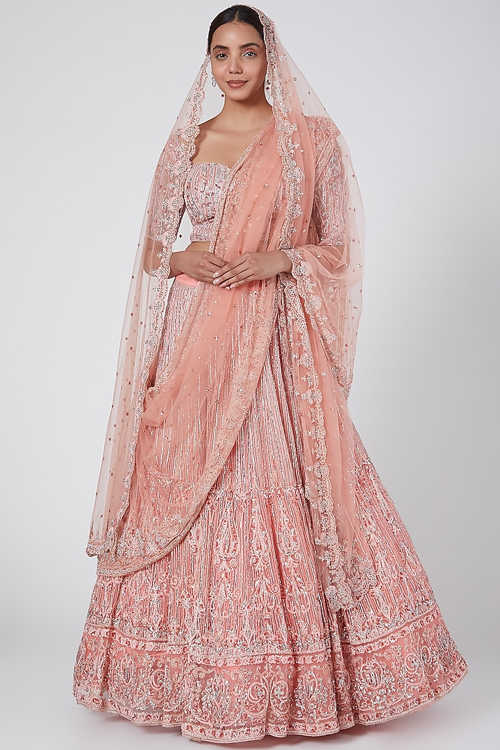Blush Pink Net Aari Embroidered Lehenga Set by Megha & Jigar