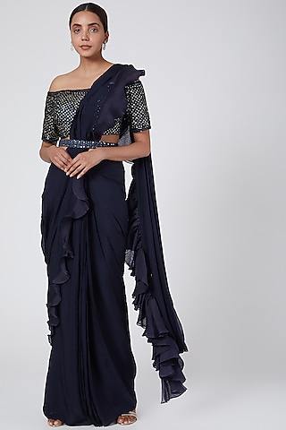 Grey Embroidered Ruffled Saree Set With Belt