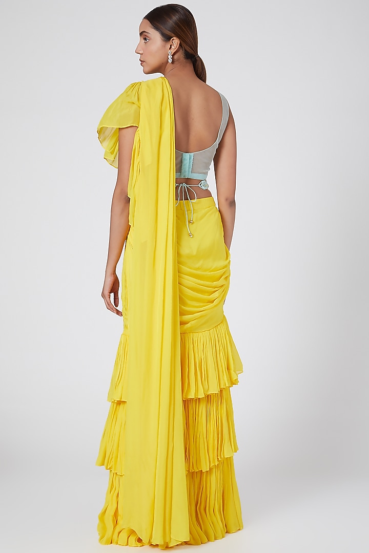 Yellow & Aqua Blue Embroidered Wedding Saree Set With Belt by Megha & Jigar at Pernia's Pop Up Shop