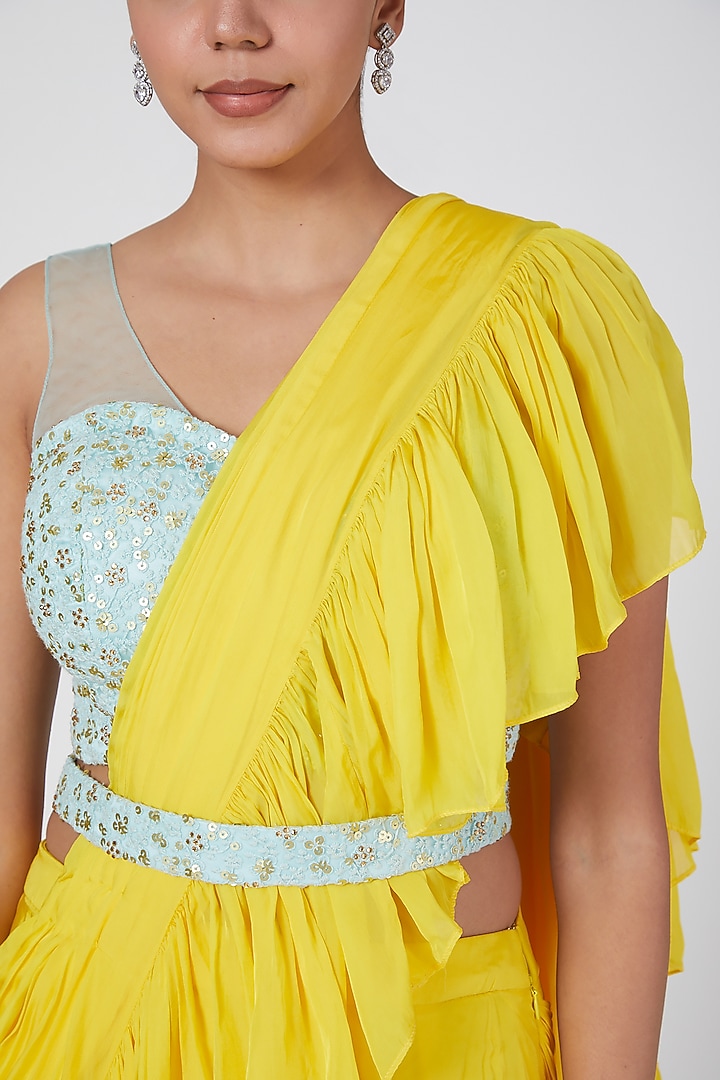 Yellow & Aqua Blue Embroidered Wedding Saree Set With Belt by Megha & Jigar at Pernia's Pop Up Shop