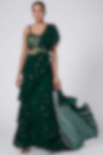 Emerald Green Georgette Saree Set With Belt by Megha & Jigar