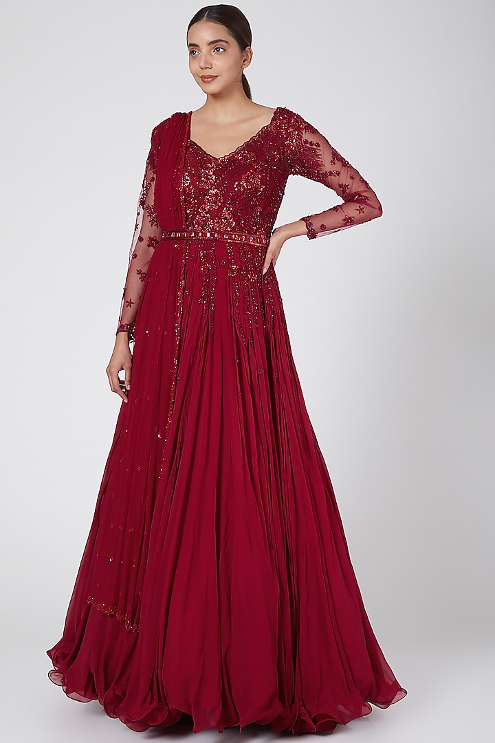 Maroon Embroidered Anarkali With Dupatta & Belt by Megha & Jigar