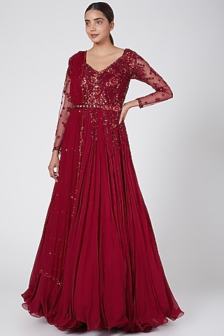Maroon Embroidered Anarkali With Dupatta & Belt by Megha &&nbsp;Jigar