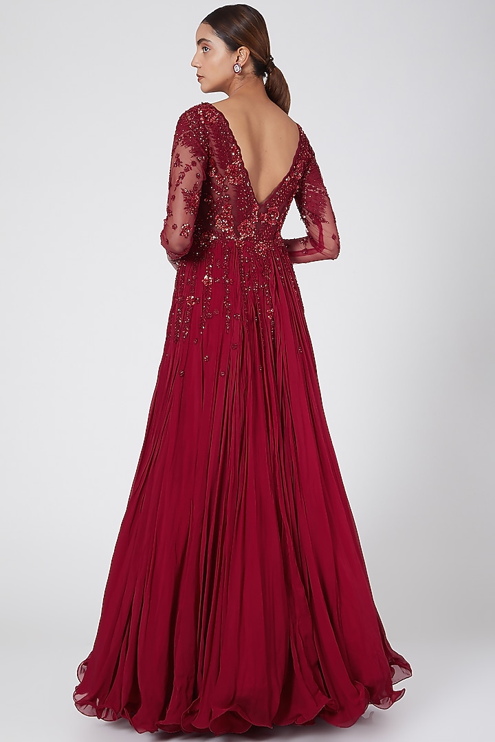 Maroon Embroidered Wedding Anarkali With Dupatta & Belt by Megha & Jigar at Pernia's Pop Up Shop