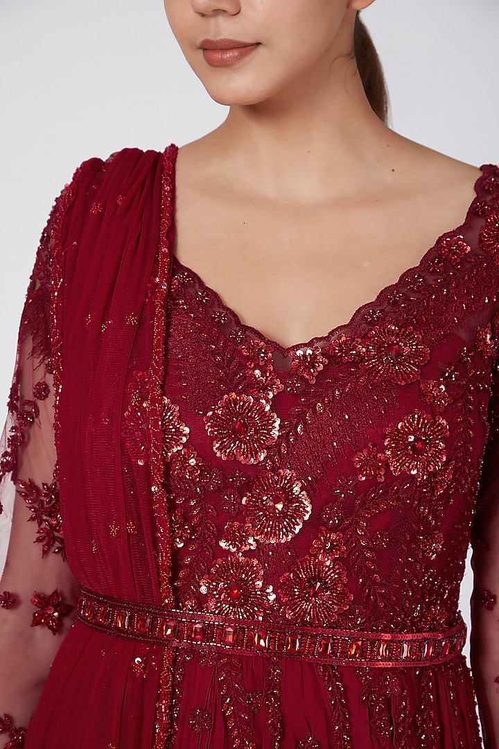 Maroon Embroidered Wedding Anarkali With Dupatta & Belt by Megha & Jigar at Pernia's Pop Up Shop