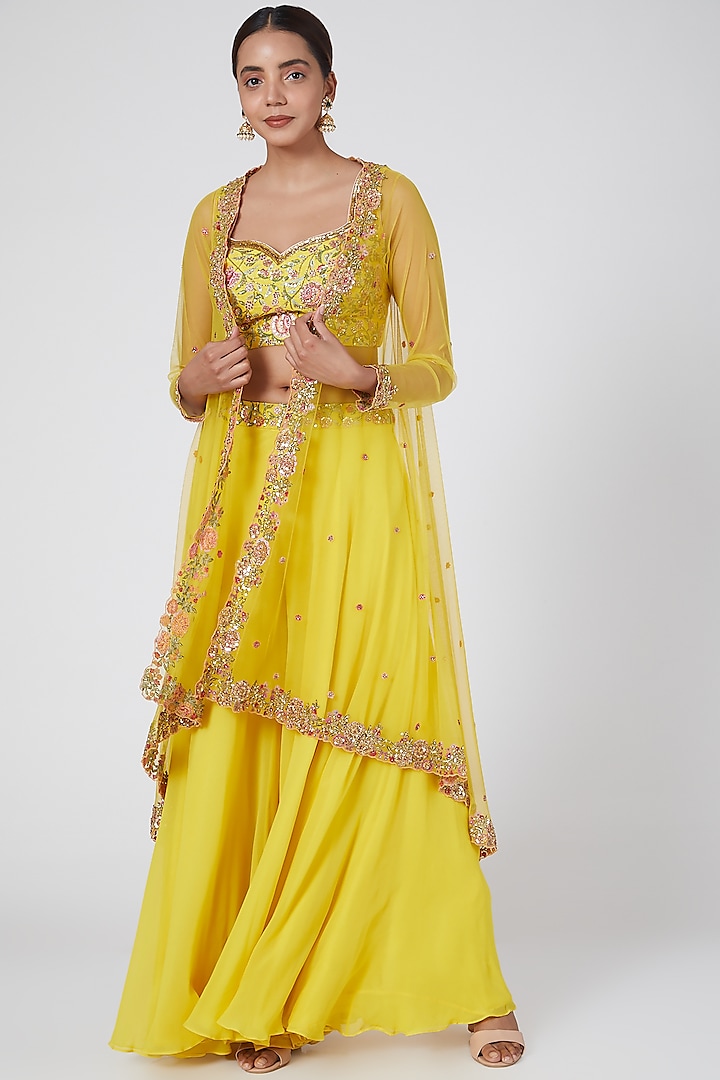 Yellow Embroidered Sharara Set by Megha & Jigar
