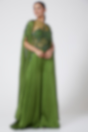 Olive Green Embroidered Jumpsuit With Cape by Megha & Jigar