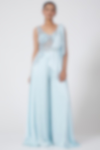 Sky Blue Embroidered Jumpsuit With Belt by Megha & Jigar