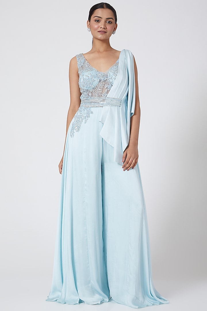 Sky Blue Embroidered Jumpsuit With Belt by Megha & Jigar