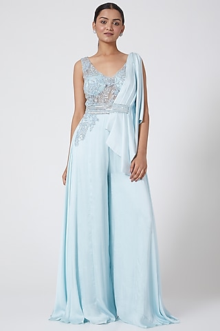 Sky Blue Embroidered Jumpsuit With Belt by Megha &&nbsp;Jigar