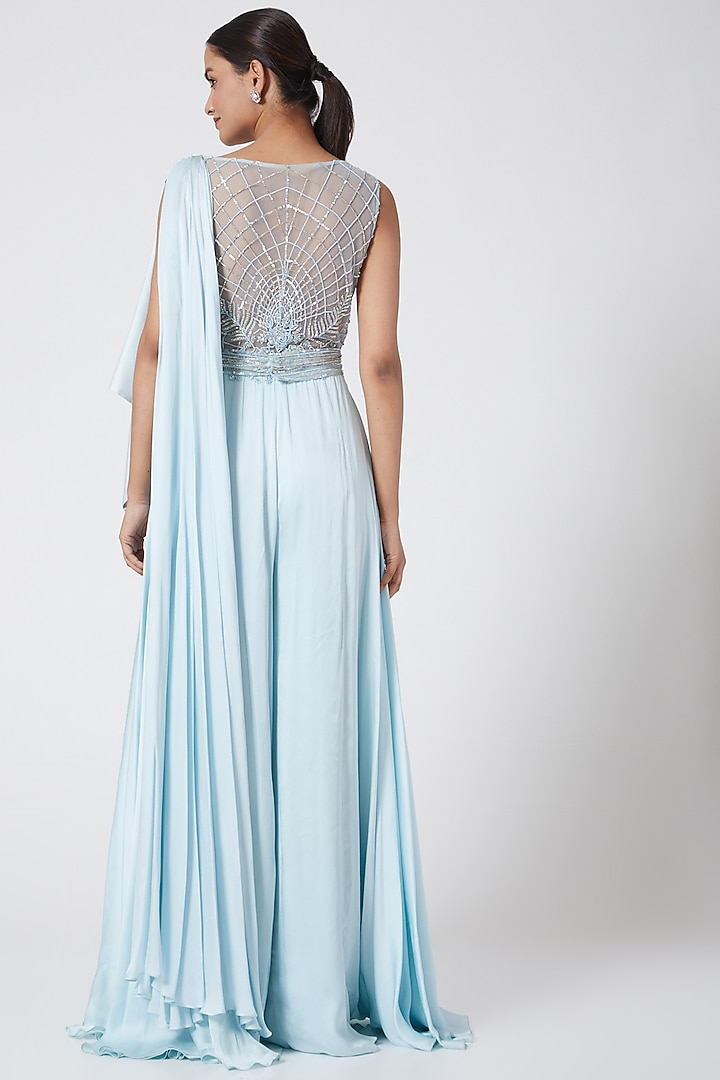 Sky Blue Embroidered Jumpsuit With Belt by Megha &&nbsp;Jigar at Pernia's Pop Up Shop