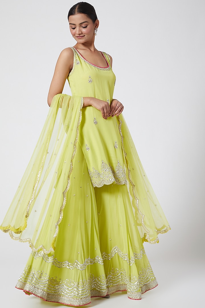 Lime Green Georgette Sequins Embroidered Gharara Set by Megha & Jigar at Pernia's Pop Up Shop