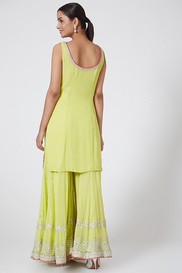 Lime Green Georgette Sequins Embroidered Gharara Set by Megha &&nbsp;Jigar at Pernia's Pop Up Shop