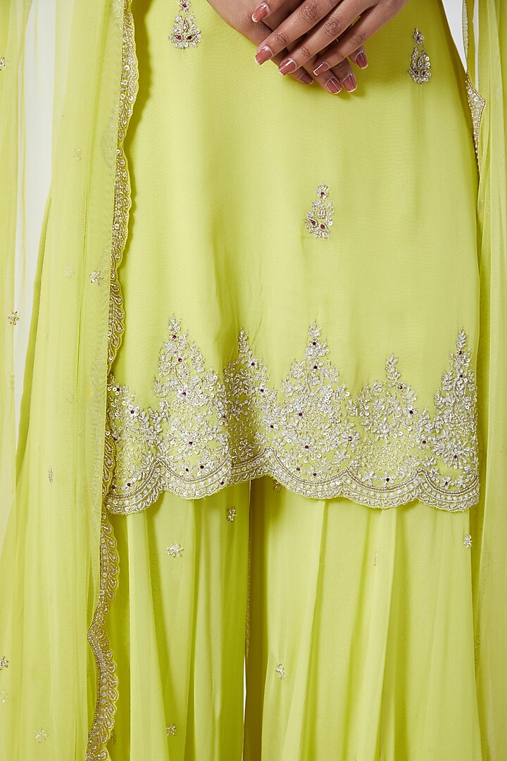 Lime Green Georgette Sequins Embroidered Gharara Set by Megha &&nbsp;Jigar at Pernia's Pop Up Shop