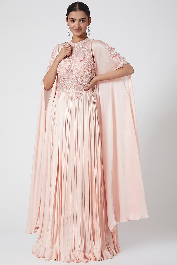 Mauve Embroidered Gown with Cape by Megha & Jigar
