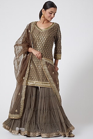 Beige Gold Cotton Embroidered Gharara Set by Megha &&nbsp;Jigar