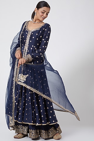 Blue Embroidered Sharara Set  by Megha &&nbsp;Jigar