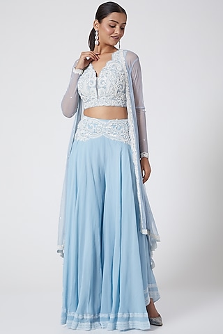 Powder Blue Embroidered Sharara Set by Megha &&nbsp;Jigar