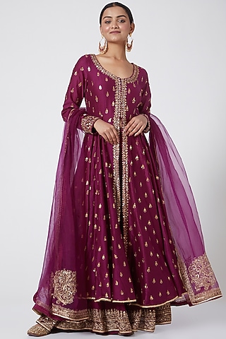 Wine Embroidered Sharara Set by Megha &&nbsp;Jigar
