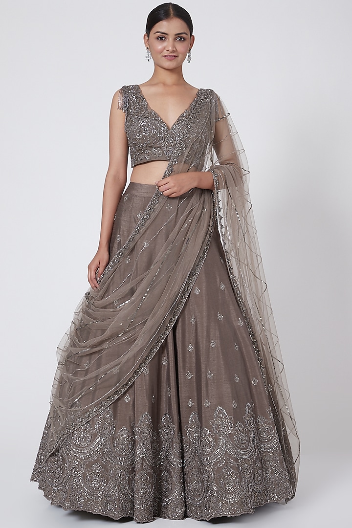 Grey Embroidered Lehenga Set by Megha & Jigar