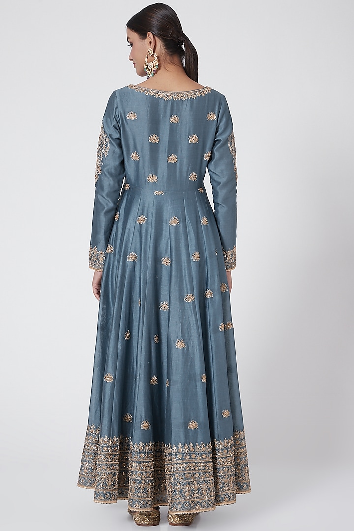 Dusty Blue Embroidered Jacket Kurta Set by Megha & Jigar at Pernia's Pop Up Shop