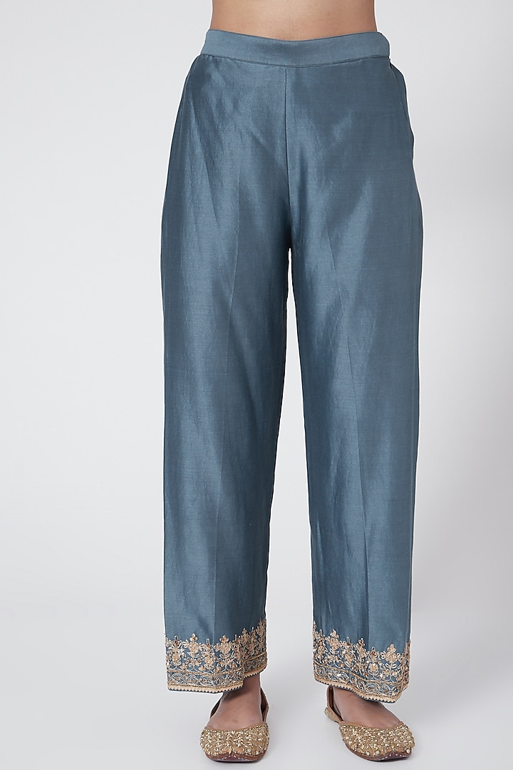 Dusty Blue Embroidered Jacket Kurta Set by Megha & Jigar at Pernia's Pop Up Shop