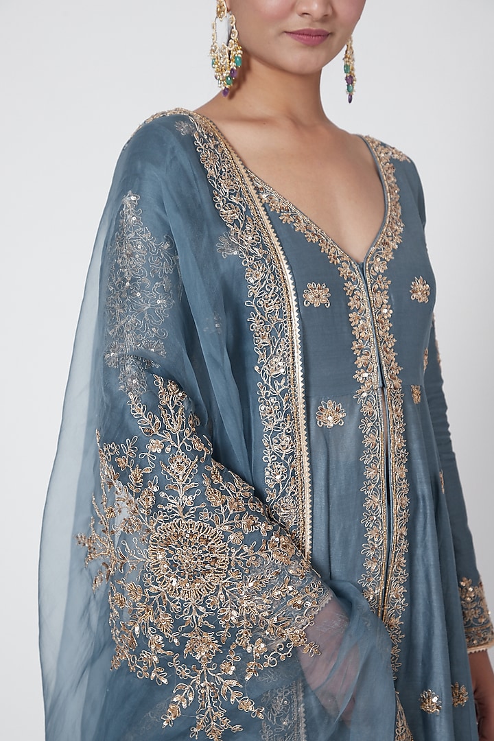 Dusty Blue Embroidered Jacket Kurta Set by Megha & Jigar at Pernia's Pop Up Shop