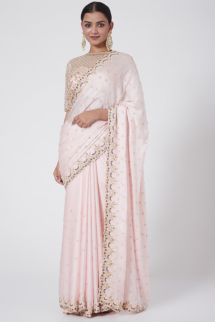 Baby Pink Embroidered Saree Set by Megha & Jigar