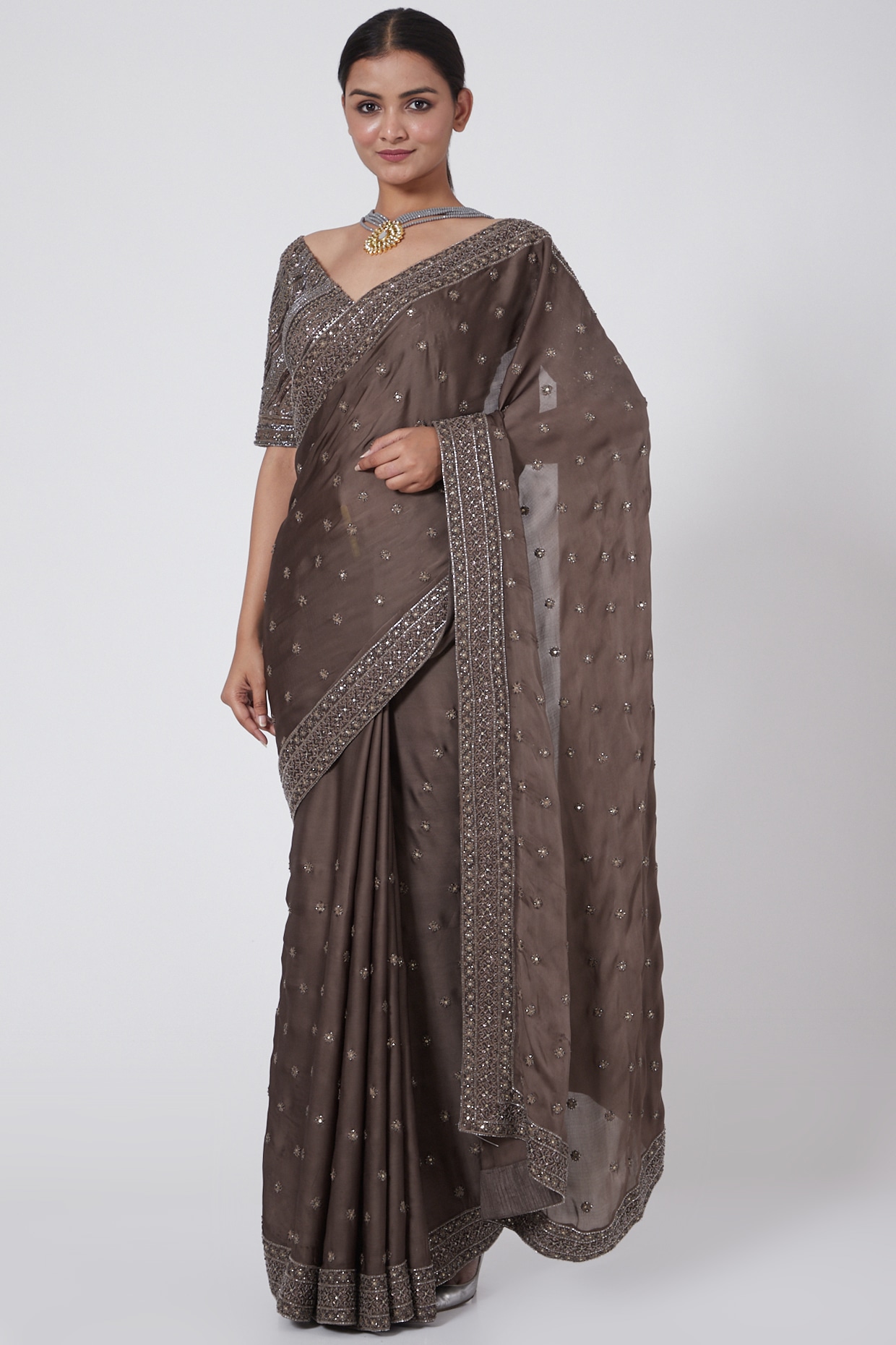 Grey Embroidered Ruffled Saree Set With Belt