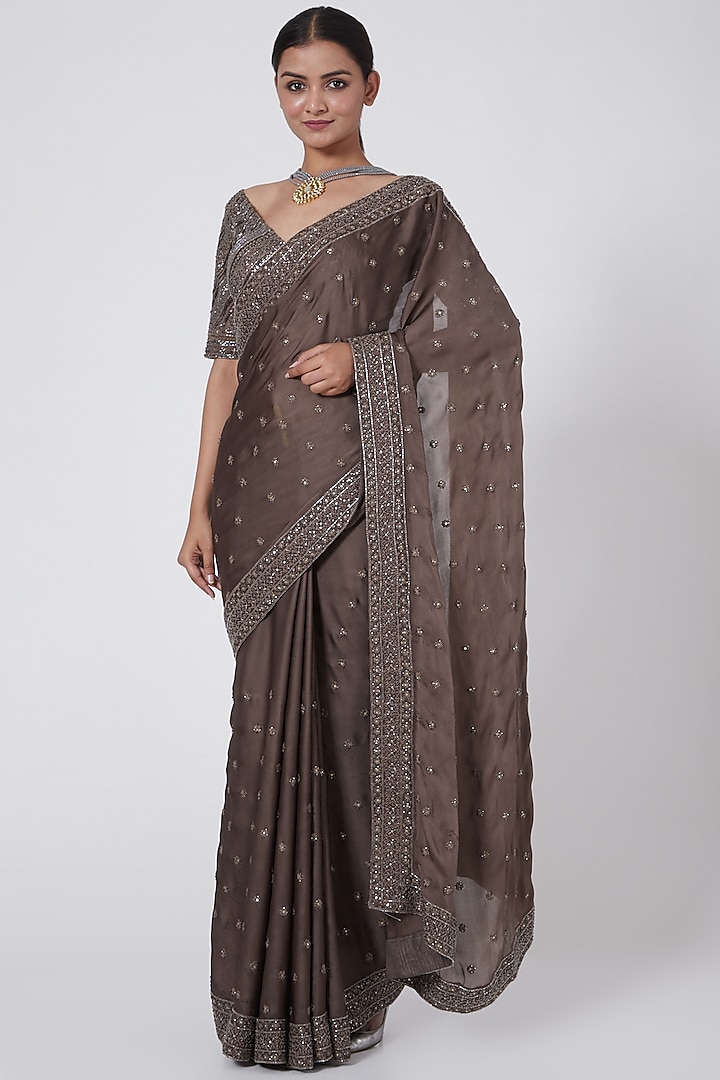 Mouse Grey Embroidered Saree Set by Megha & Jigar