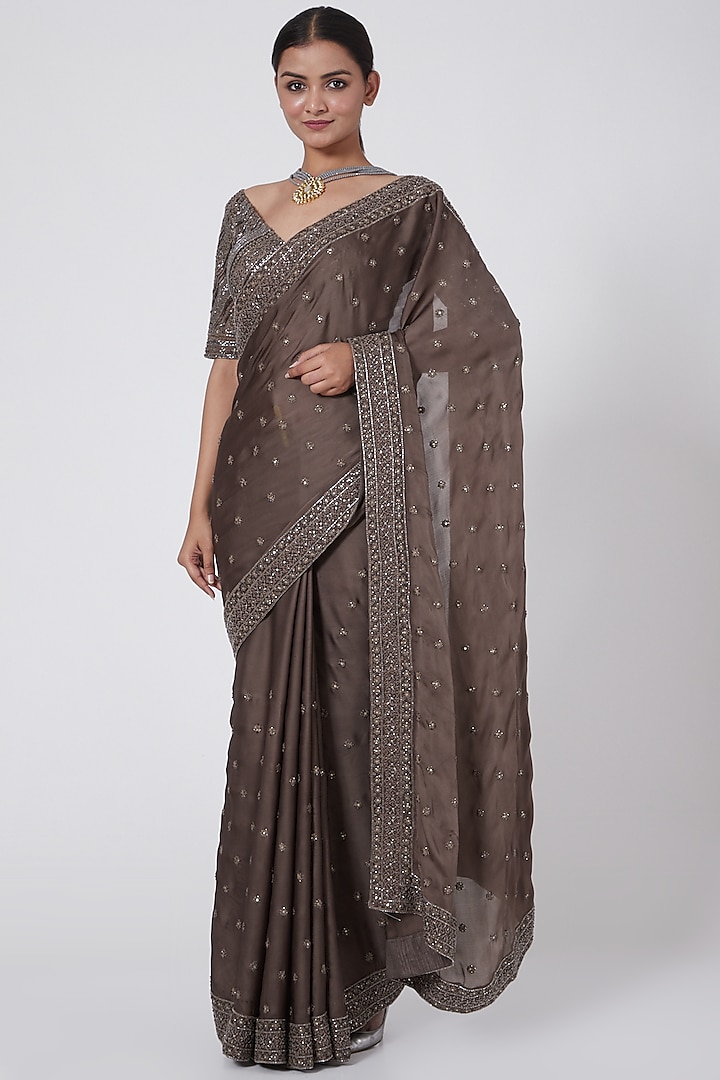 Mouse Grey Embroidered Saree Set by Megha & Jigar at Pernia's Pop Up Shop