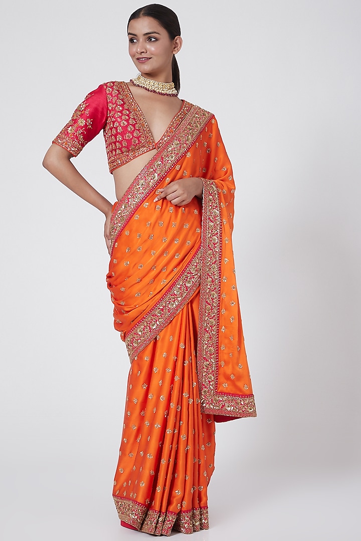 Orange & Pink Embroidered Saree Set by Megha & Jigar