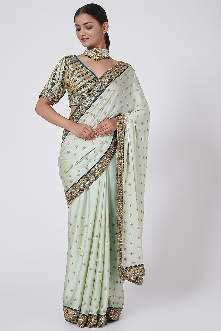 Mint & Dark Green Embroidered Saree Set by Megha & Jigar