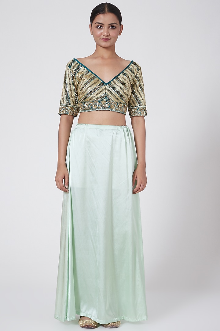 Mint & Dark Green Embroidered Wedding Saree Set by Megha & Jigar at Pernia's Pop Up Shop