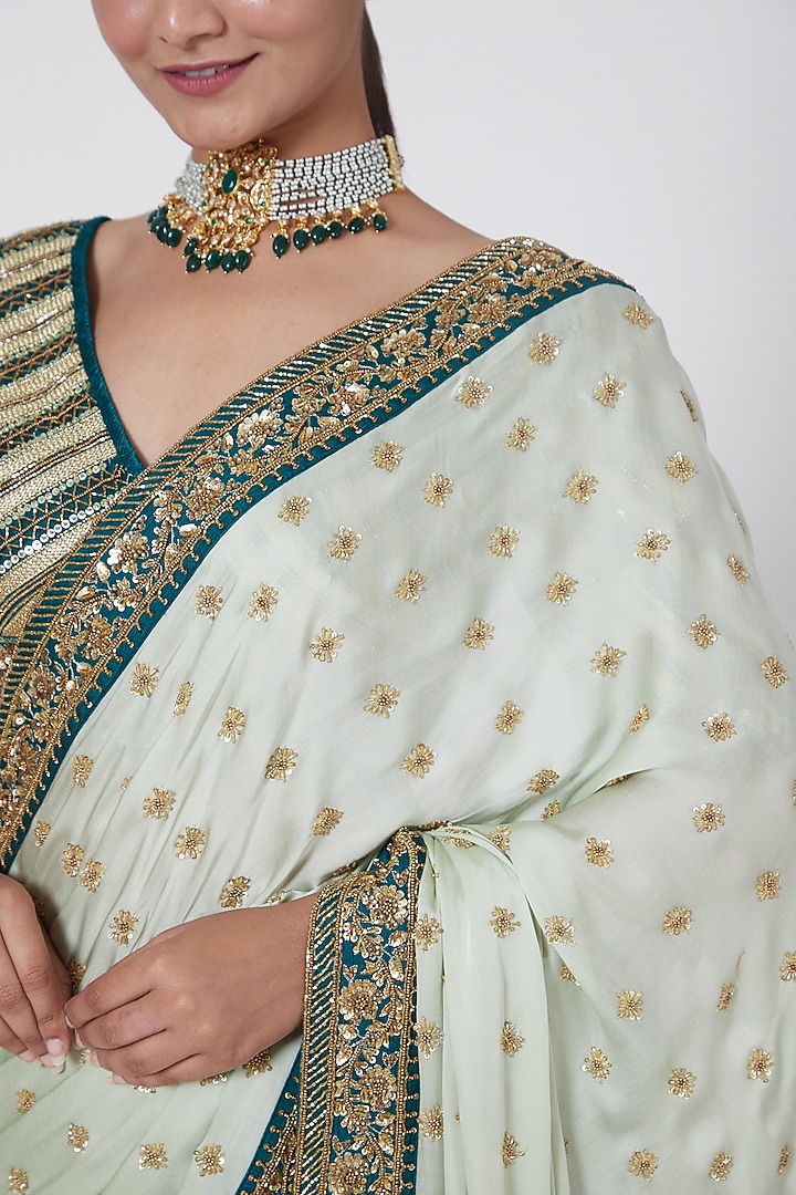 Mint & Dark Green Embroidered Wedding Saree Set by Megha & Jigar at Pernia's Pop Up Shop