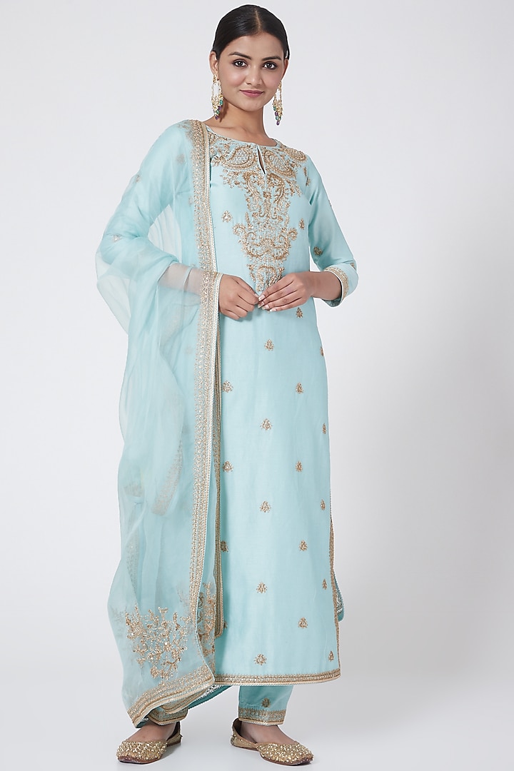 Aqua Blue Embroidered Kurta Set by Megha & Jigar