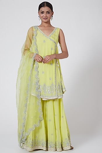 Lime Yellow Embroidered Wedding Sharara Set by Megha &&nbsp;Jigar at Pernia's Pop Up Shop