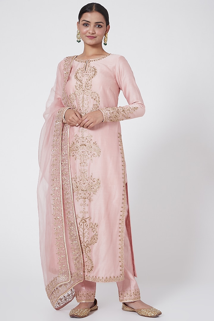 Blush Pink Embroidered Straight Kurta Set by Megha & Jigar