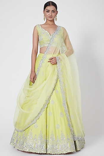 Lime Yellow Embroidered Wedding Lehenga Set by Megha &&nbsp;Jigar at Pernia's Pop Up Shop