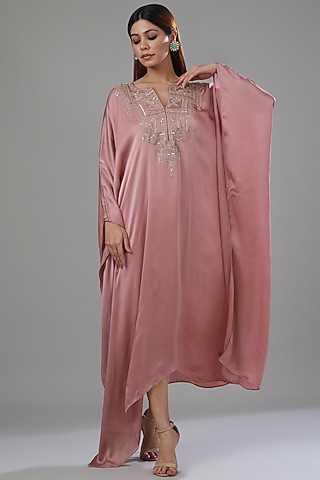 Mauve Satin Georgette Embroidered Kaftan Set by Megha & Jigar