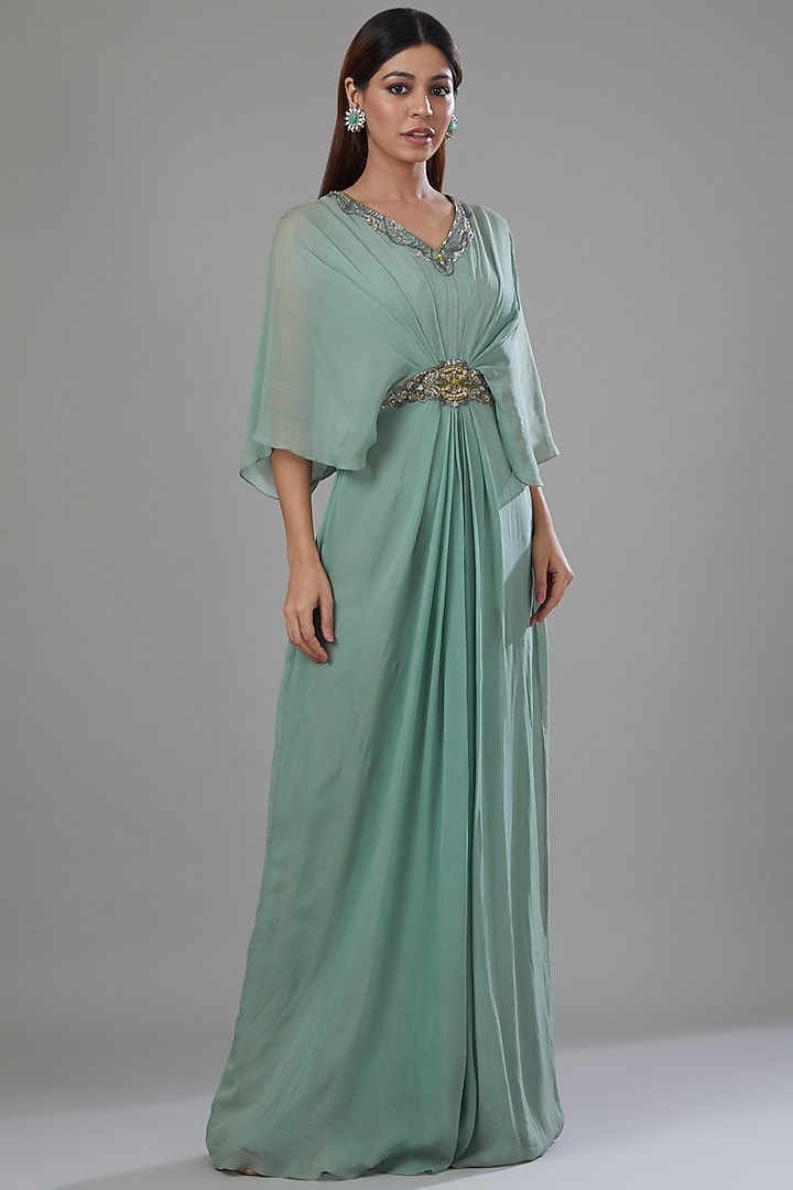 Fern Green Flat Chiffon Kaftan by Megha & Jigar at Pernia's Pop Up Shop